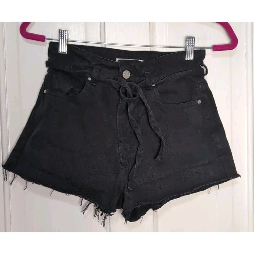 PacSun Mom Short Black Denim Tie Belt Raw Hem Women's 25 Beach Resort (1116)